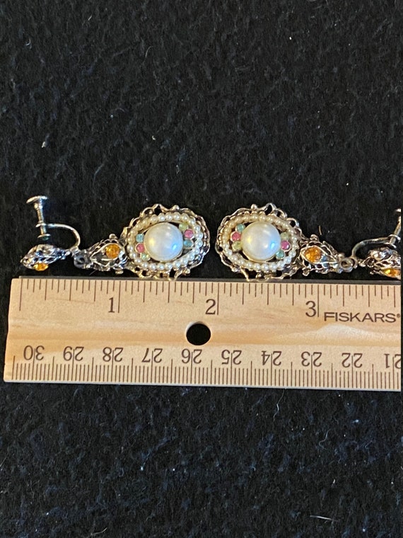 Vintage Faux Pearl and Rhinestone Dangle Earrings - image 4
