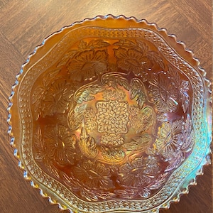 1915 Fenton Two Flowers Footed Marigold Carnival Glass Bowl