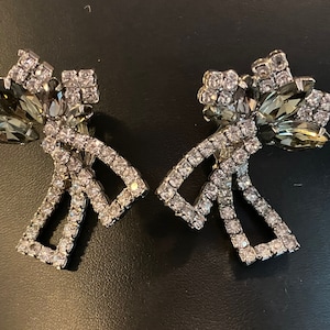 Rare Vintage Black Diamond Rhinestone Huge Bow Earrings