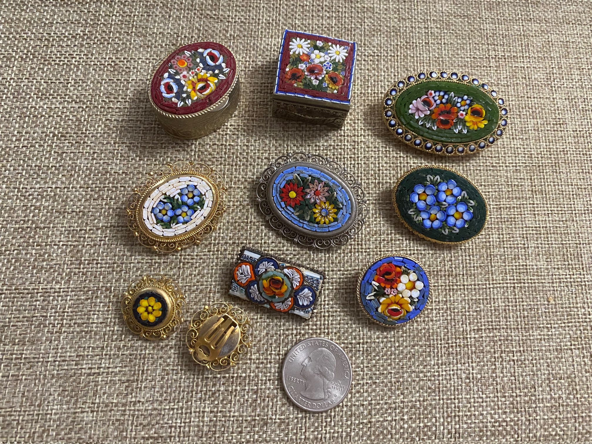 Vintage Italian Micromosaic Brooches and Pill Box