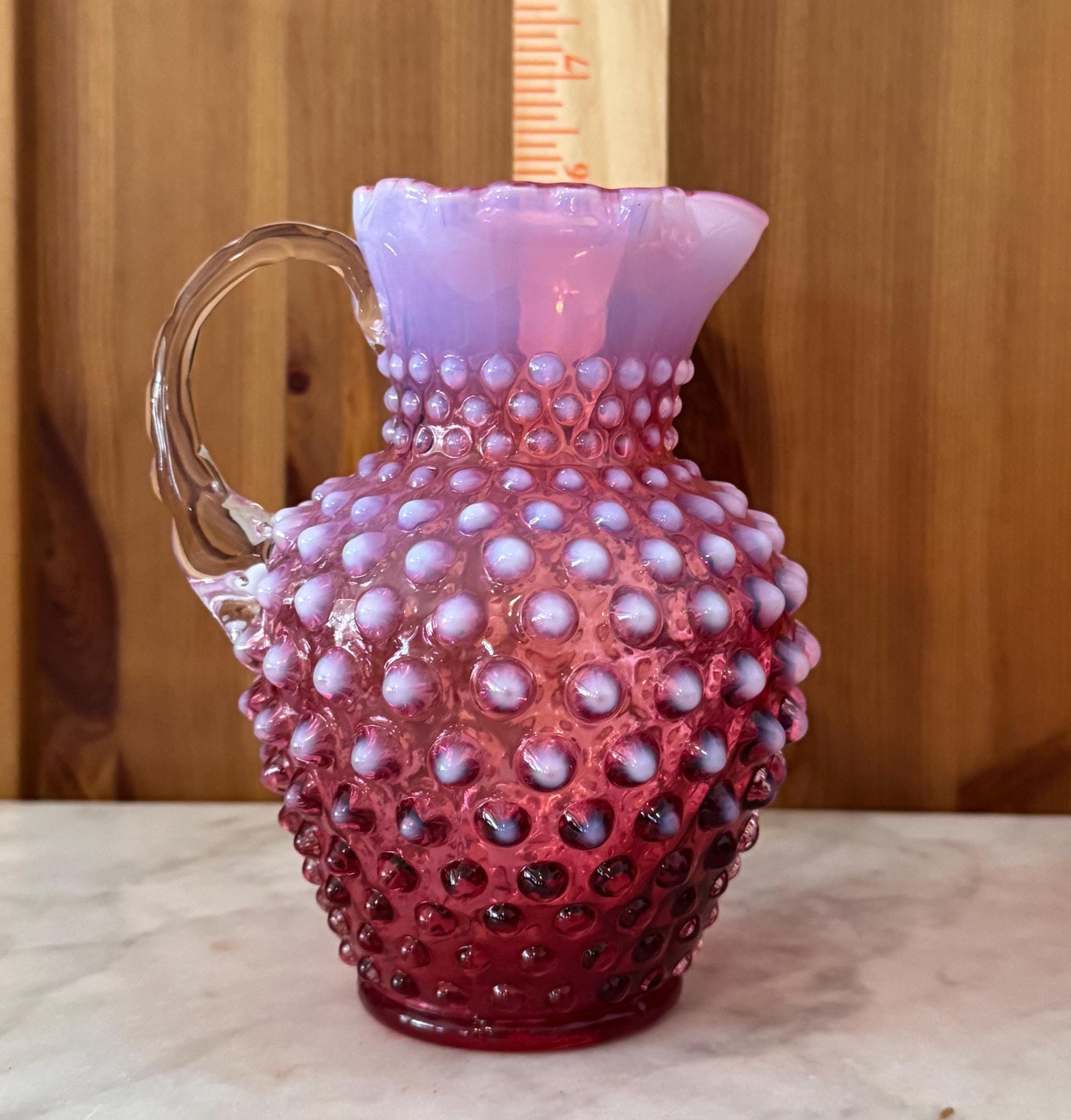 Fenton Cranberry Glass Opalescent Hobnail Pitcher, Hand-painted
