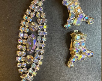 Vintage Aurora Borealis Rhinestone Bracelet with Matching Earrings