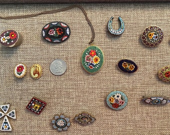 Collier et broches italiens Millefiori en micromosaïque vintage