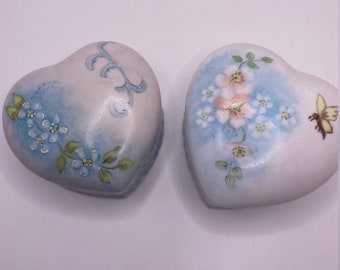 Hand Painted Artist Signed Porcelain Heart Trinket Boxes