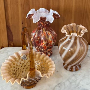 Fenton Cameo Opalescent Hobnail Basket, Cameo Opalescent Spiral Optic Vase, 1960s Murrhina Art Vase