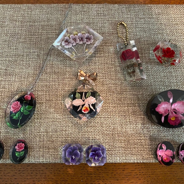 Mid Century Reverse Carved Lucite Flower Jewelry