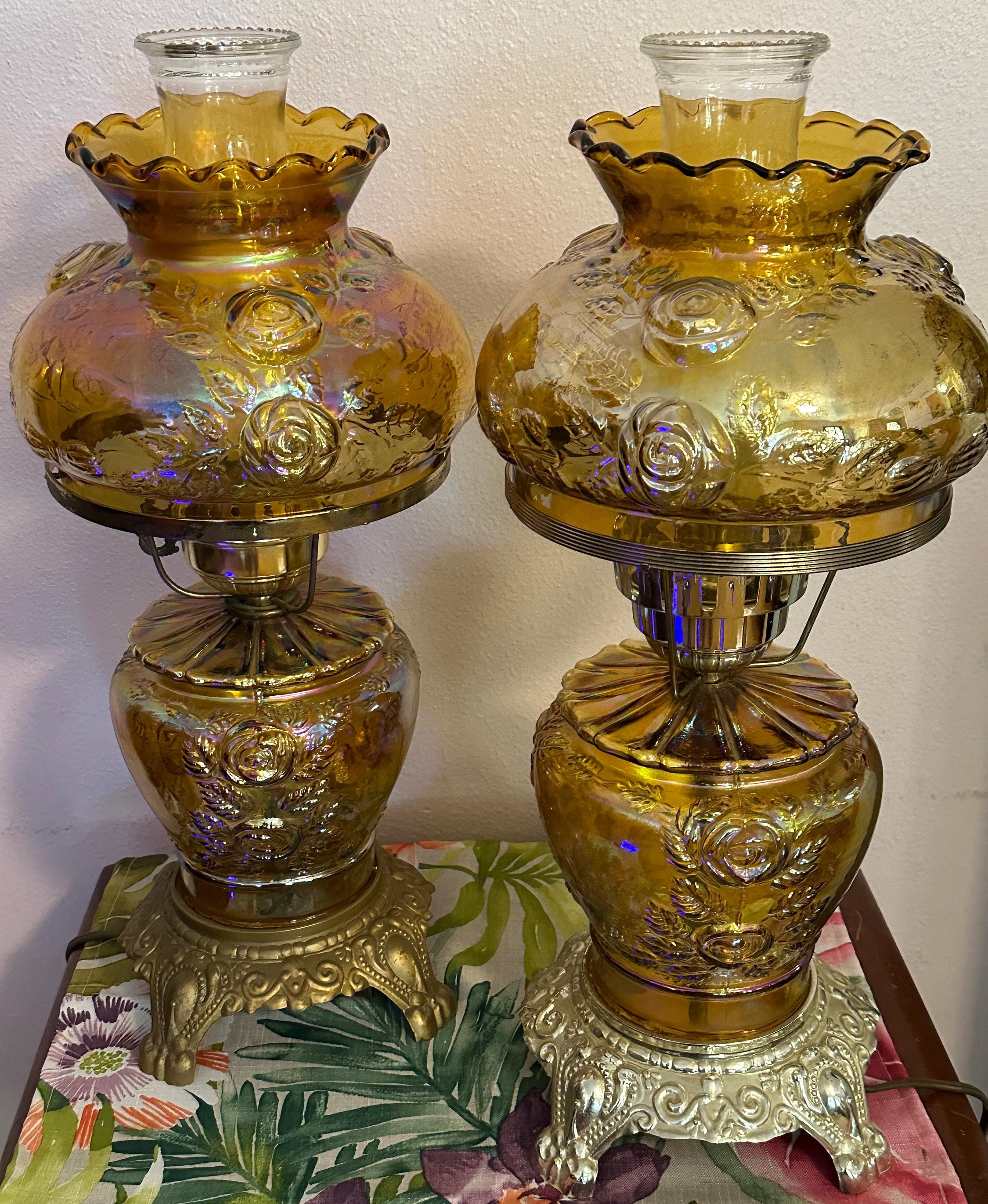 最終処分特価超レアマジカルミラーガラス　大変形深鉢孔雀カーニバルガラス神秘的な美 Rare Marigold Carnival Glass Hurricane Lamp Rose Pattern - Etsy