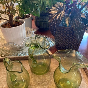 Vintage Green Hand Blown Glass Set Three Pieces