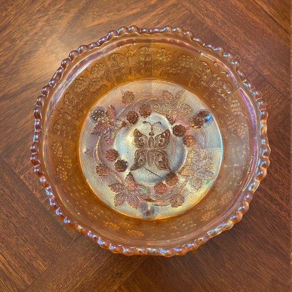 Early Fenton Butterfly and Berries Clawfoot Carnival Glass Bowl