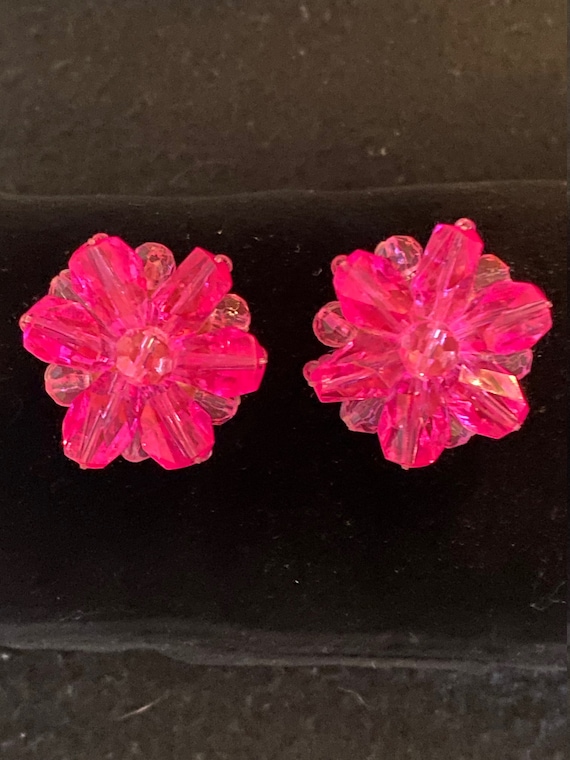 1960's Hot Pink Plastic Cluster Earrings Signed Ho