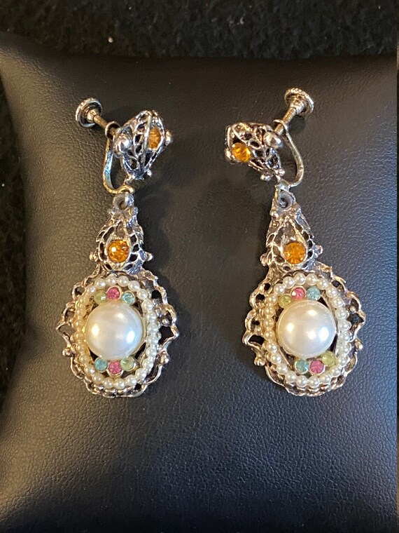 Vintage Faux Pearl and Rhinestone Dangle Earrings - image 1