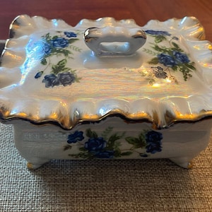 Diamond Fine China made in Korea Trinket Box with Blue Roses