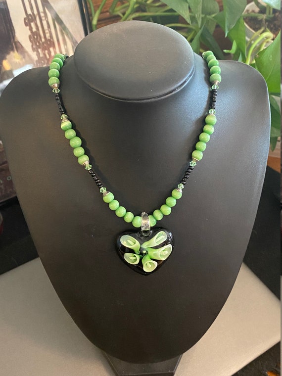 Gorgeous Green Glass Pendant and Glass Beaded Neck