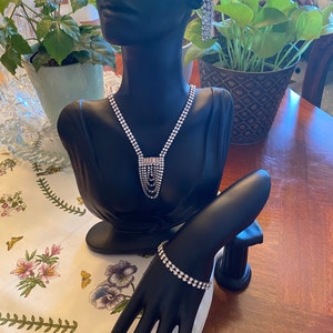 Delicate and Gorgeous Vintage Rhinestone Jewelry Set - Necklace, Bracelet, Waterfall Earrings