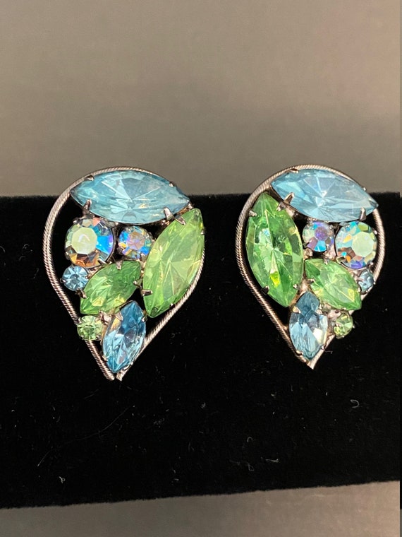 Vintage Green and Blue Rhinestone Earrings