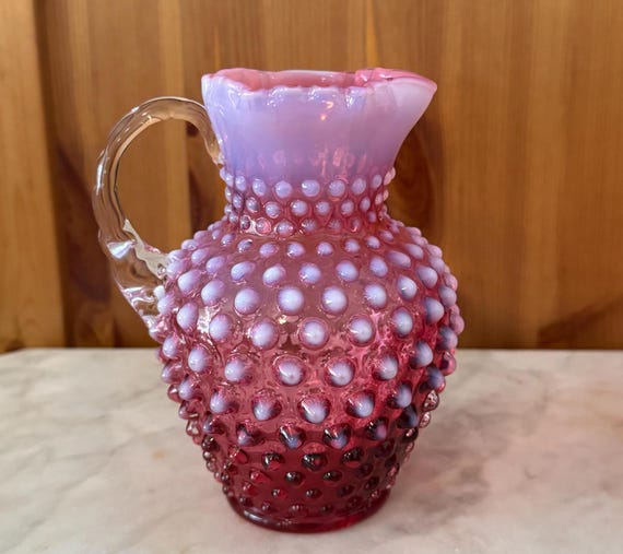 Fenton Cranberry Glass Opalescent Hobnail Pitcher, Hand-painted