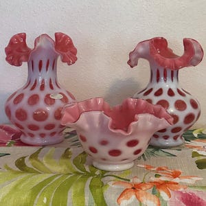 Fenton Cranberry Coin Dot Vases 7” and Bowl - individually priced