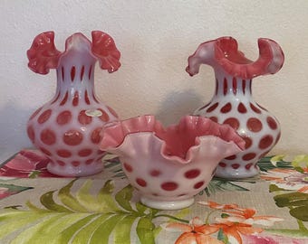 Vintage Fenton Cranberry Glass Thumbprint Coin Dot Ruffled