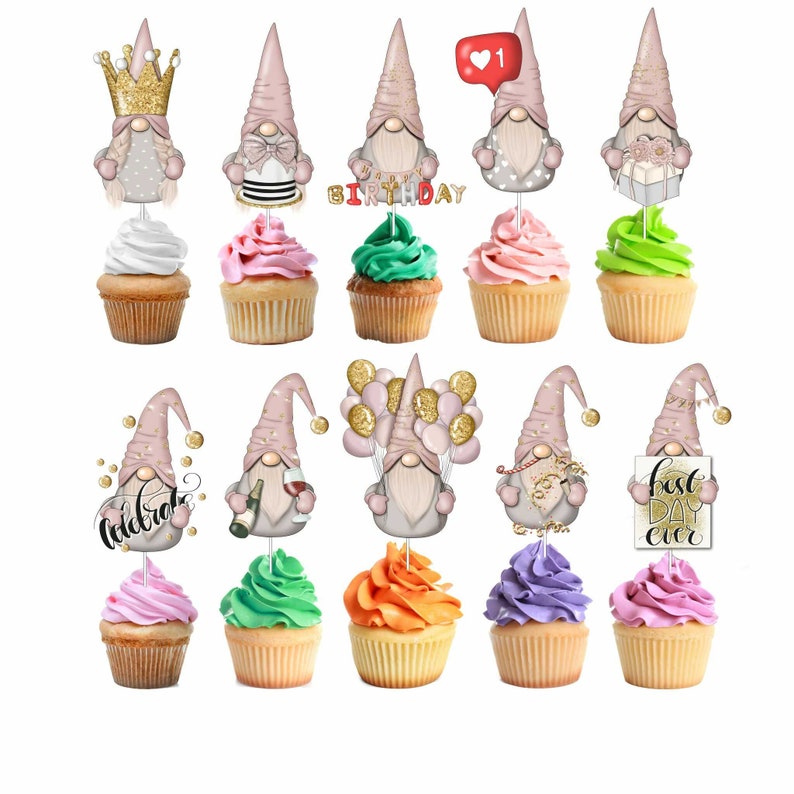 Birthday Gnomes Cupcake Toppers Gnome Party Decoration Etsy