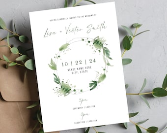 Green Watercolor Wedding Invitation | Customizable Wedding Invitation Template | Green Wedding Invitation Template | Boho Wedding Template