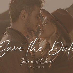 May include: A sepia-toned photograph featuring a couple embracing, with the text "Save the Date" in elegant script. Below, the names "Jade and Chris" and the date "May 10, 2024" are displayed. The image evokes a sense of romance and anticipation.