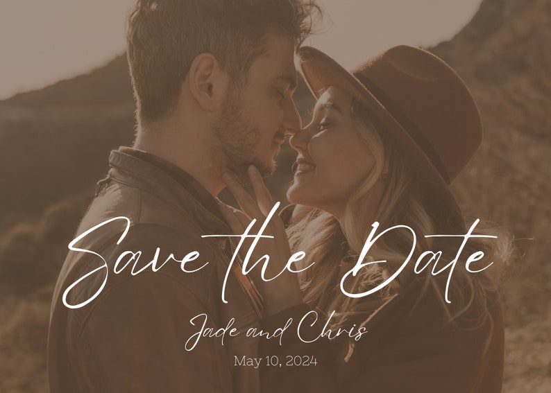 May include: A sepia-toned photograph featuring a couple embracing, with the text "Save the Date" in elegant script. Below, the names "Jade and Chris" and the date "May 10, 2024" are displayed. The image evokes a sense of romance and anticipation.