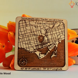 Custom Map on Wood Coaster Oak Alder Maple Walnut Any City Map Deep Engraved Housewarming Birthday Anniversary Valentines Day Gift image 3