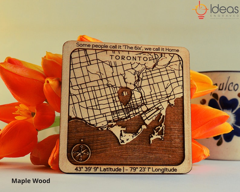 Custom Map on Wood Coaster Oak Alder Maple Walnut Any City Map Deep Engraved Housewarming Birthday Anniversary Valentines Day Gift afbeelding 3