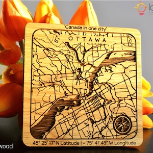 Custom Map on Wood Coaster Oak Alder Maple Walnut Any City Map Deep Engraved Housewarming Birthday Anniversary Valentines Day Gift imagem 1