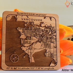 Custom Map on Wood Coaster Oak Alder Maple Walnut Any City Map Deep Engraved Housewarming Birthday Anniversary Valentines Day Gift imagem 4