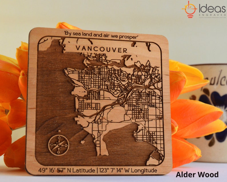 Custom Map on Wood Coaster Oak Alder Maple Walnut Any City Map Deep Engraved Housewarming Birthday Anniversary Valentines Day Gift imagem 4