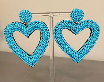 Teal Beaded Heart Statement Earrings