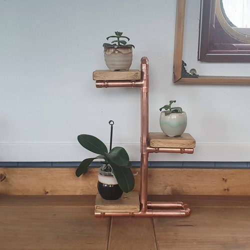 3 tier plant stand made with copper and waxed pine wood// ideal for small succulent plants