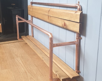 wall mounted shoe rack, made with copper pipe and wood