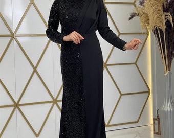 Long Muslim Dress / Muslim Wedding Dress / Prom Dress / Sequin Abaya Dress / Modest Evening Dress / Hijab / Women Dress / Elasticity /Jilbab