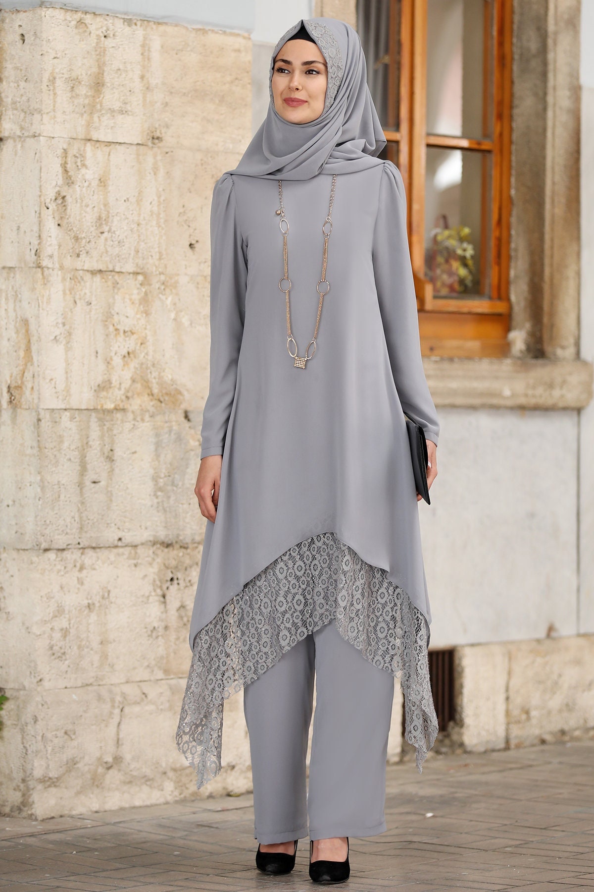 Cheap Prien Set Women's Muslim Suits Sets Ladies Denim High Elastic Waist  Pants Casual Islamic Turkey Clothes Dubai