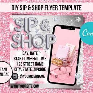 Glam Pink, Silver, Glitter, and Diamonds DIY Sip and Shop Social Media Flyer Canva Template