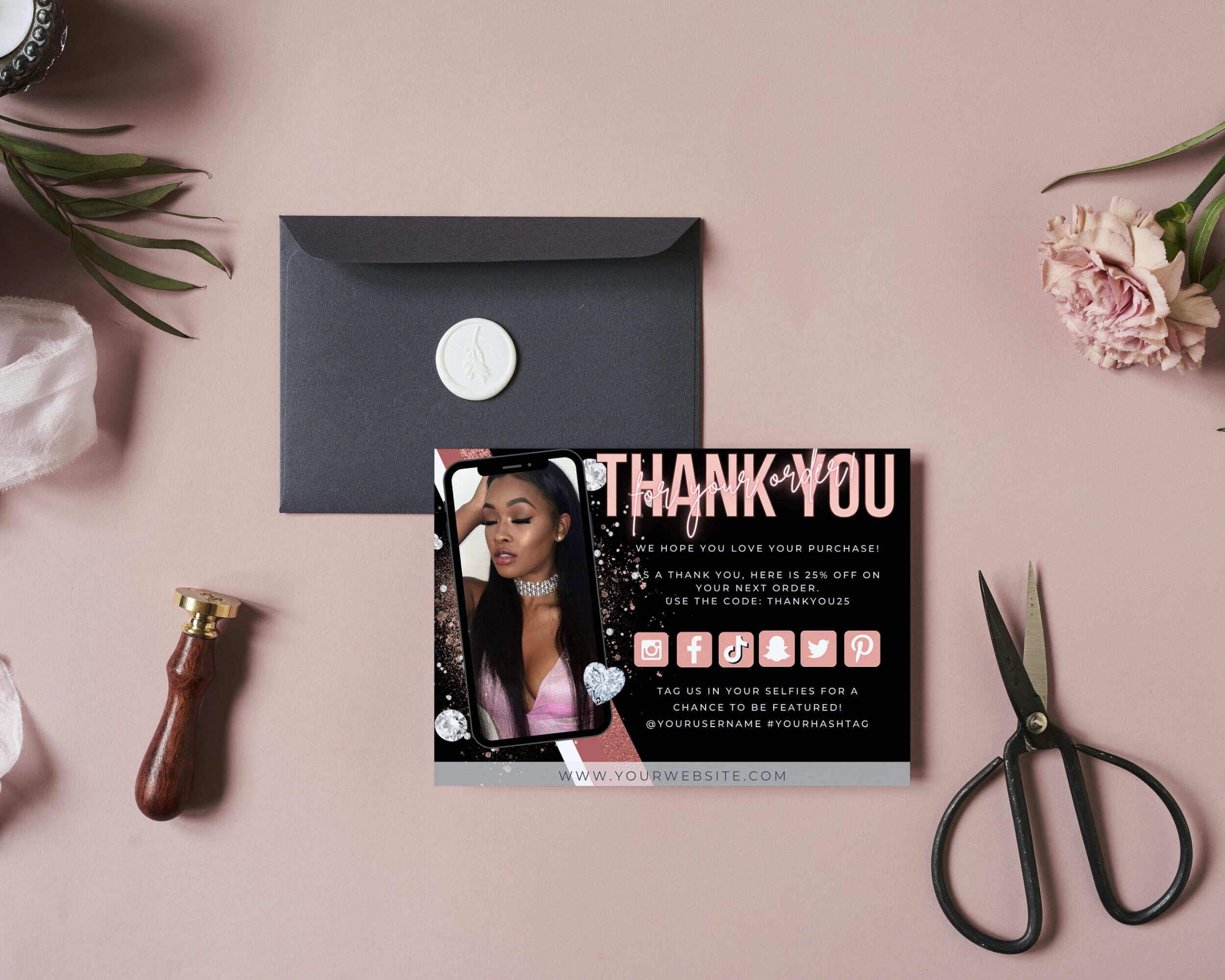 DIY Editable Rose Gold Thank You Card Canva Template L Small Business ...