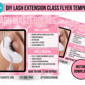 Pink DIY Lash Extension Class Social Media Flyer Canva Template l Eyelash Training Course