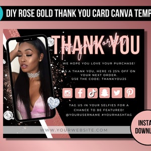 Cartão de agradecimento editável em ouro rosa, modelo canva para pequenas empresas, obrigado por pedido, inserções de pacote/cartão postal para impressão