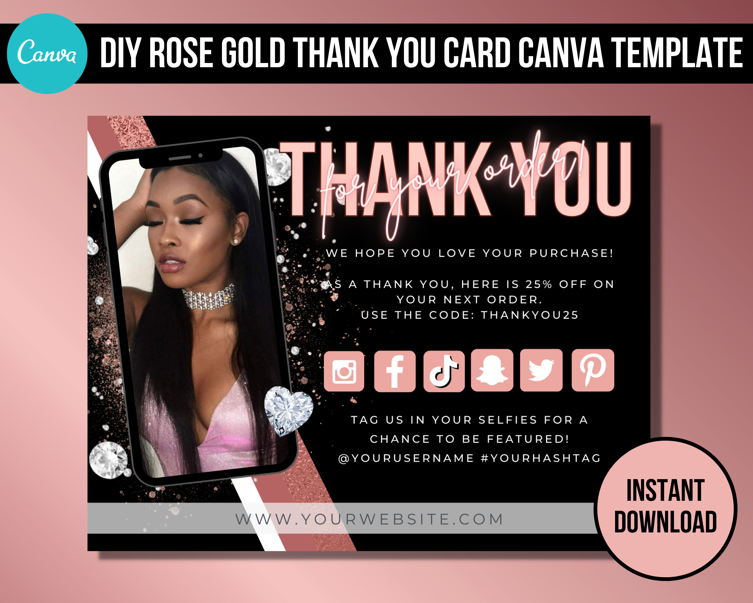DIY Editable Rose Gold Thank You Card Canva Template L Small Business ...