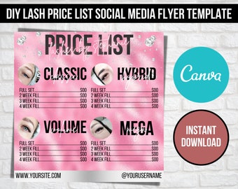 Pink, Silver, and Diamond Lash Extension Price List Social Media Flyer Canva Template l Perfect for Lash Techs and Artists!