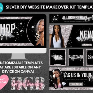 Puede incluir: Un conjunto de 10 plantillas de banner de sitio web personalizables con un esquema de color plateado y negro con acentos de diamantes. Las plantillas incluyen texto como "Comprar seguro", "Nuevos llegados", "Pelo", "Atención al cliente", "Contacto" y "Etiqueta nosotros en tus selfies". Las plantillas son editables en Canva.