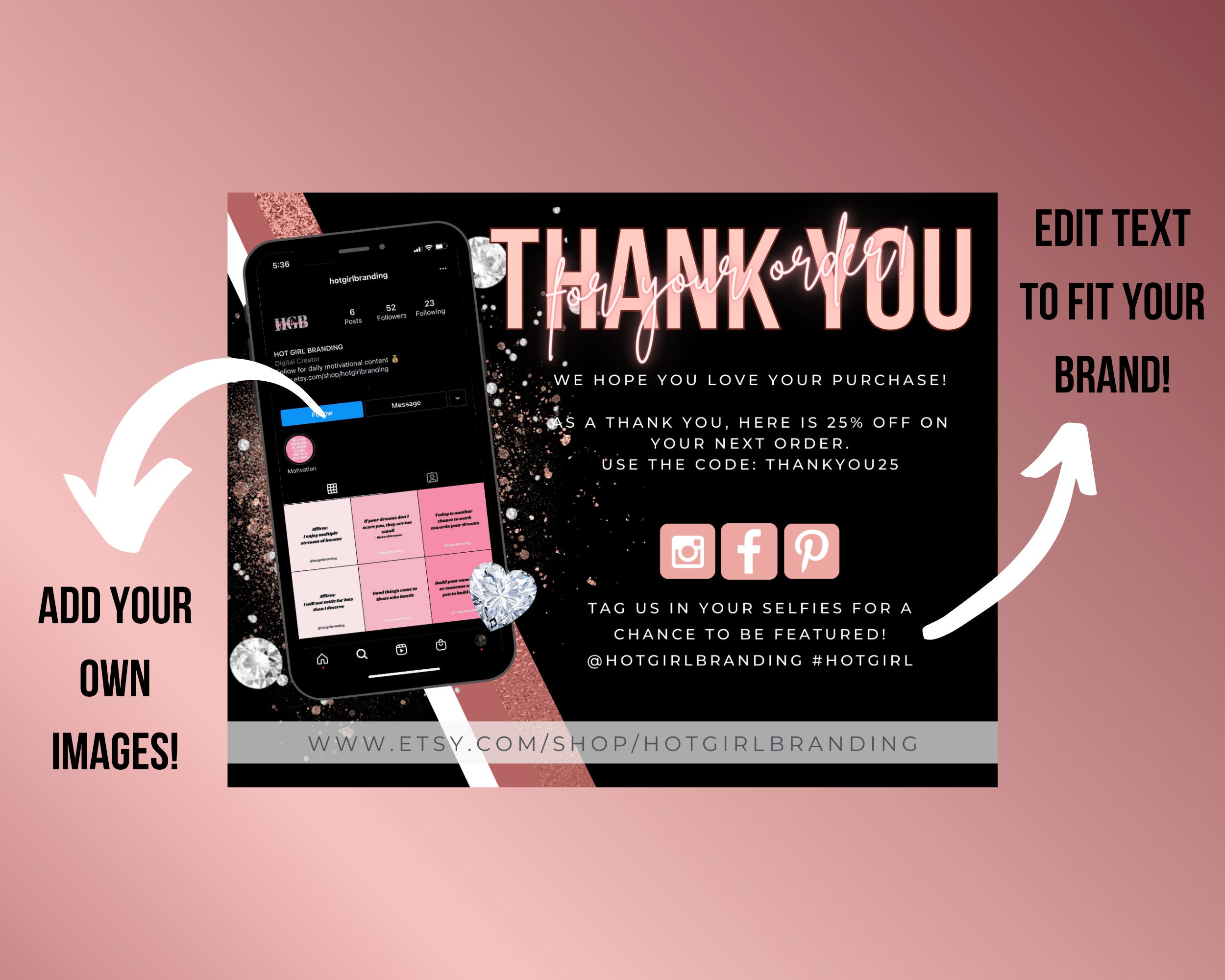 DIY Editable Rose Gold Thank You Card Canva Template L Small Business ...