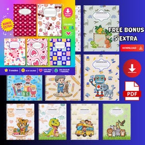 Puede incluir: Una colección de cuadernos de composición con varios diseños coloridos. Las portadas presentan patrones como corazones, estrellas y personajes de dibujos animados, incluyendo dinosaurios, robots y animales. El texto incluye "FREE BONUS 5 EXTRA" y "COMPOSITION BOOK".