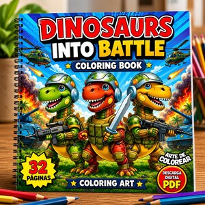 Målarbok för dinosaurier, pojkar, åldrar 4-8, dinosauriearmékrigare, stridssidor för barn, coola stegosaurus- och t-rex-aktiviteter, utskrivbara, digital nedladdning, 32 sidor bild 2