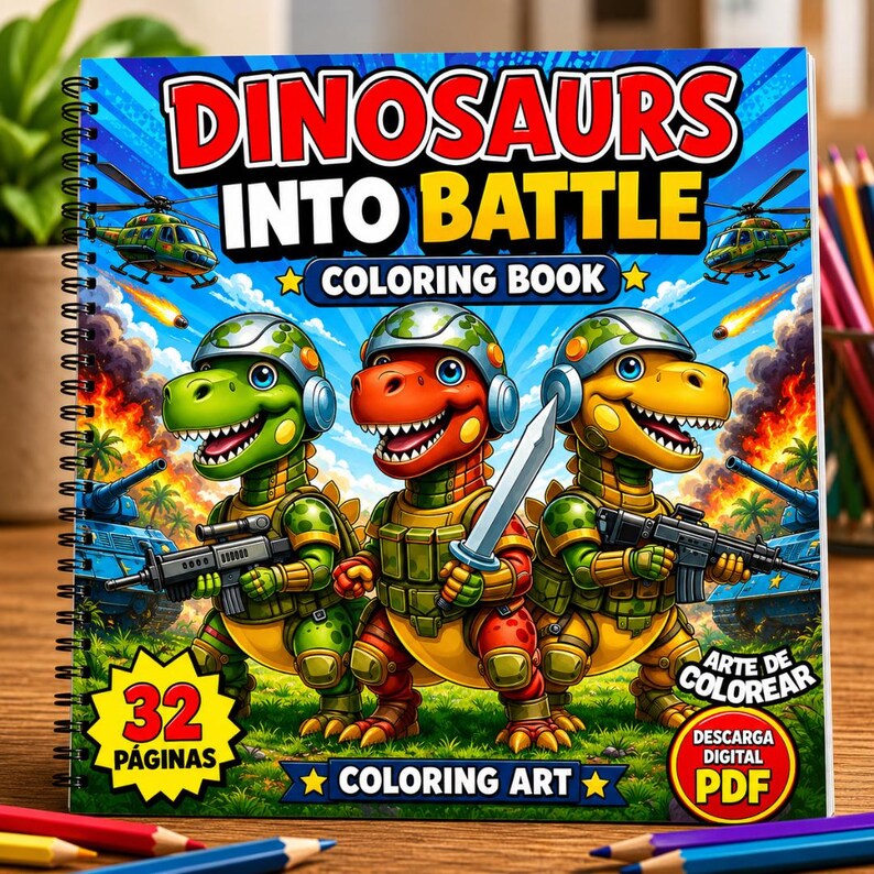 Målarbok för dinosaurier, pojkar, åldrar 4-8, dinosauriearmékrigare, stridssidor för barn, coola stegosaurus- och t-rex-aktiviteter, utskrivbara, digital nedladdning, 32 sidor bild 2