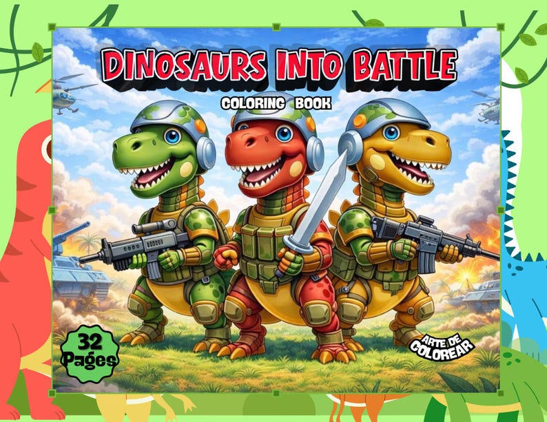 Målarbok för dinosaurier, pojkar, åldrar 4-8, dinosauriearmékrigare, stridssidor för barn, coola stegosaurus- och t-rex-aktiviteter, utskrivbara, digital nedladdning, 32 sidor bild 17