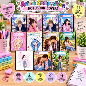 Puede incluir: Una colección de 11 portadas de cuaderno imprimibles de estilo anime con diversos personajes en varios entornos. El conjunto digital incluye textos como Anime Composition Notebook Covers y 11 Unique Designs.