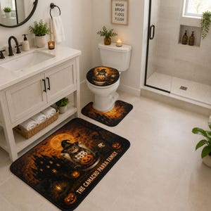 Personalized Halloween Bath Mat Set 3 Piece, Witch Cat & Jack O Lantern Bath Rug, Vintage Bathroom Decor, Spooky Cat Gift,Halloween Bathroom